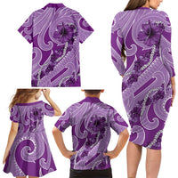 Hawaii Violet Hibiscus Pikake Lei Family Matching Long Sleeve Bodycon Dress and Hawaiian Shirt - Polynesian Pride