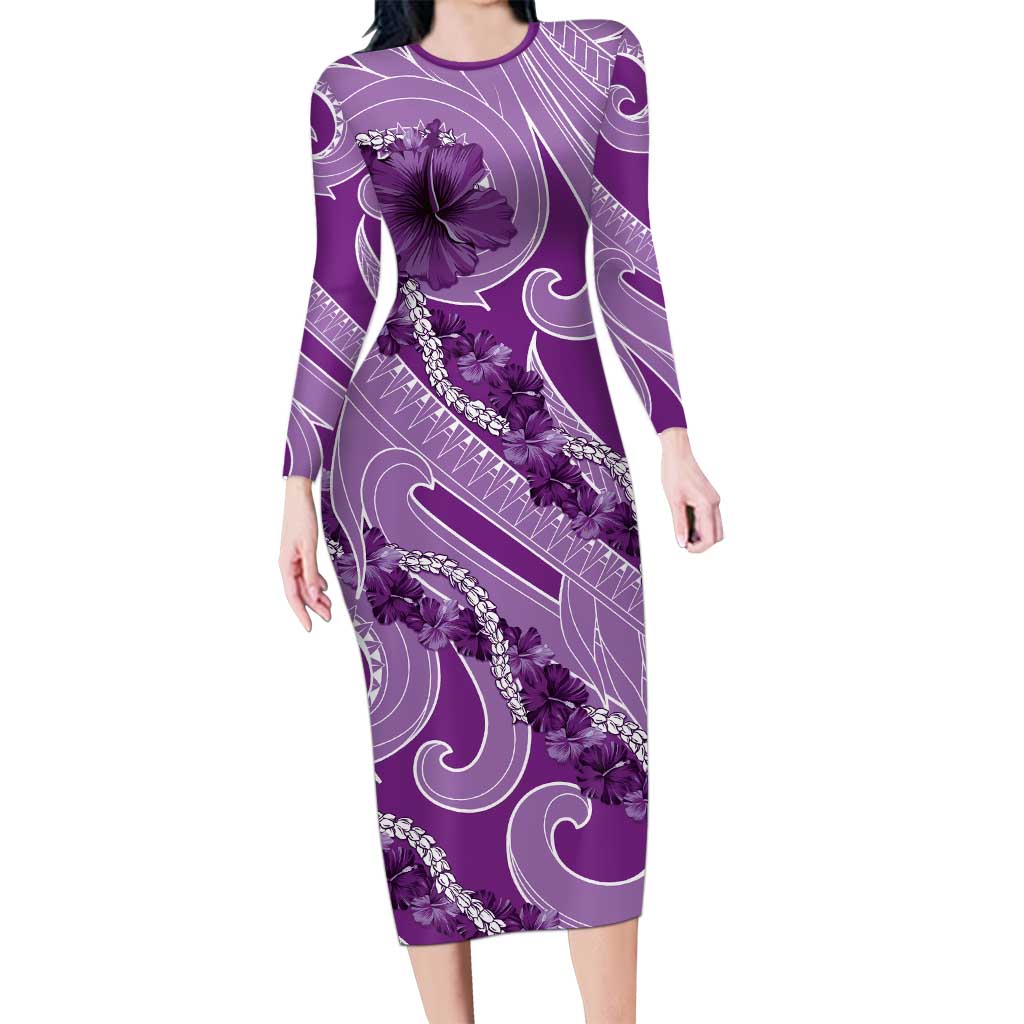 Hawaii Violet Hibiscus Pikake Lei Family Matching Long Sleeve Bodycon Dress and Hawaiian Shirt - Polynesian Pride