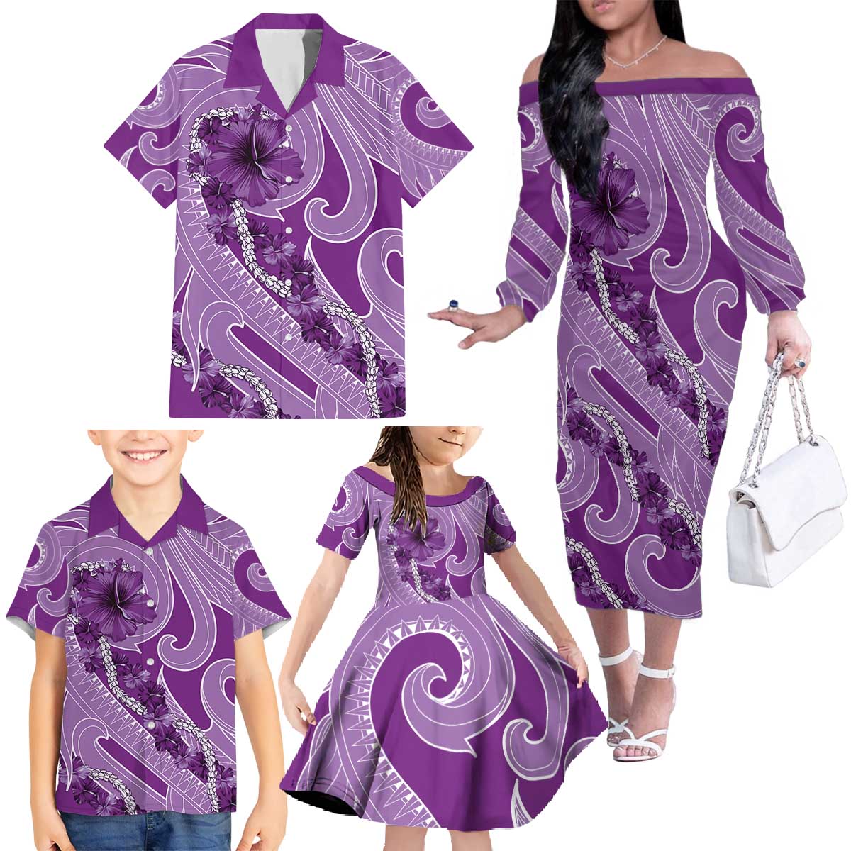 Hawaii Violet Hibiscus Pikake Lei Family Matching Off The Shoulder Long Sleeve Dress and Hawaiian Shirt - Polynesian Pride