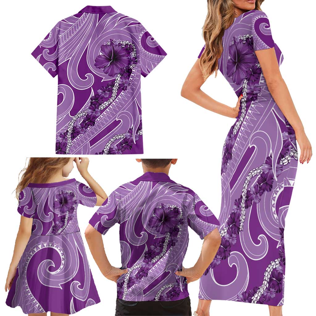 Hawaii Violet Hibiscus Pikake Lei Family Matching Short Sleeve Bodycon Dress and Hawaiian Shirt - Polynesian Pride