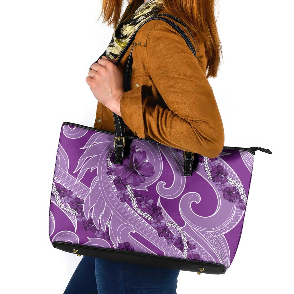 Hawaii Violet Hibiscus Pikake Lei Leather Tote Bag - Polynesian Pride