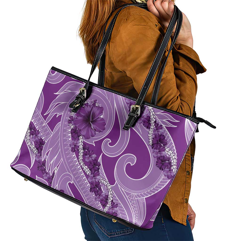 Hawaii Violet Hibiscus Pikake Lei Leather Tote Bag - Polynesian Pride