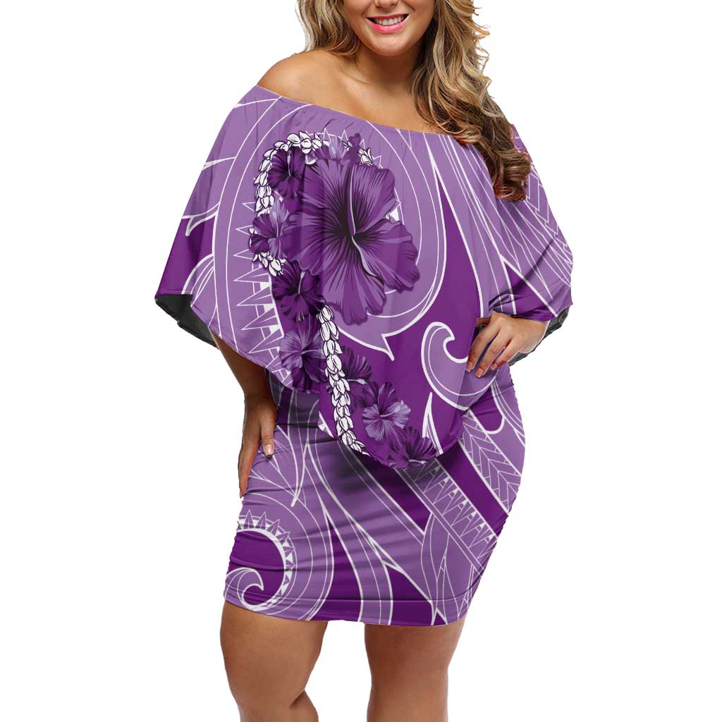 Hawaii Violet Hibiscus Pikake Lei Off Shoulder Short Dress - Polynesian Pride