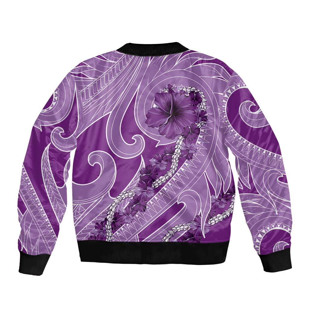 Hawaii Violet Hibiscus Pikake Lei Sleeve Zip Bomber Jacket - Polynesian Pride
