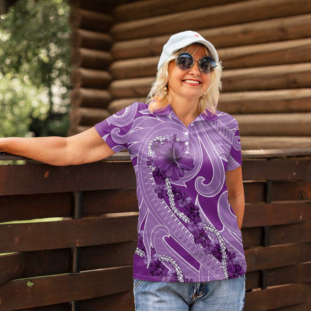 Hawaii Violet Hibiscus Pikake Lei Women Polo Shirt - Polynesian Pride