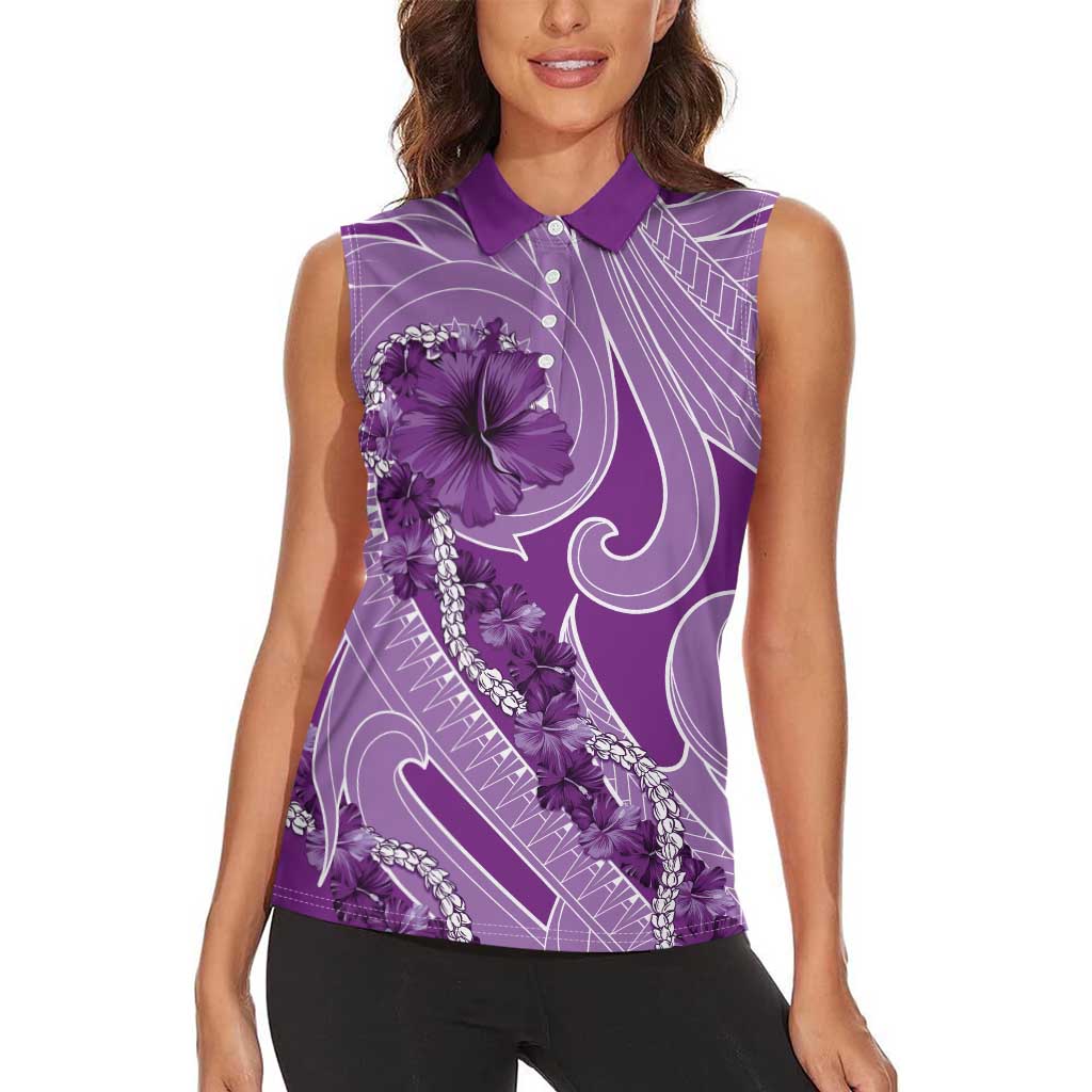 Hawaii Violet Hibiscus Pikake Lei Women Sleeveless Polo Shirt - Polynesian Pride