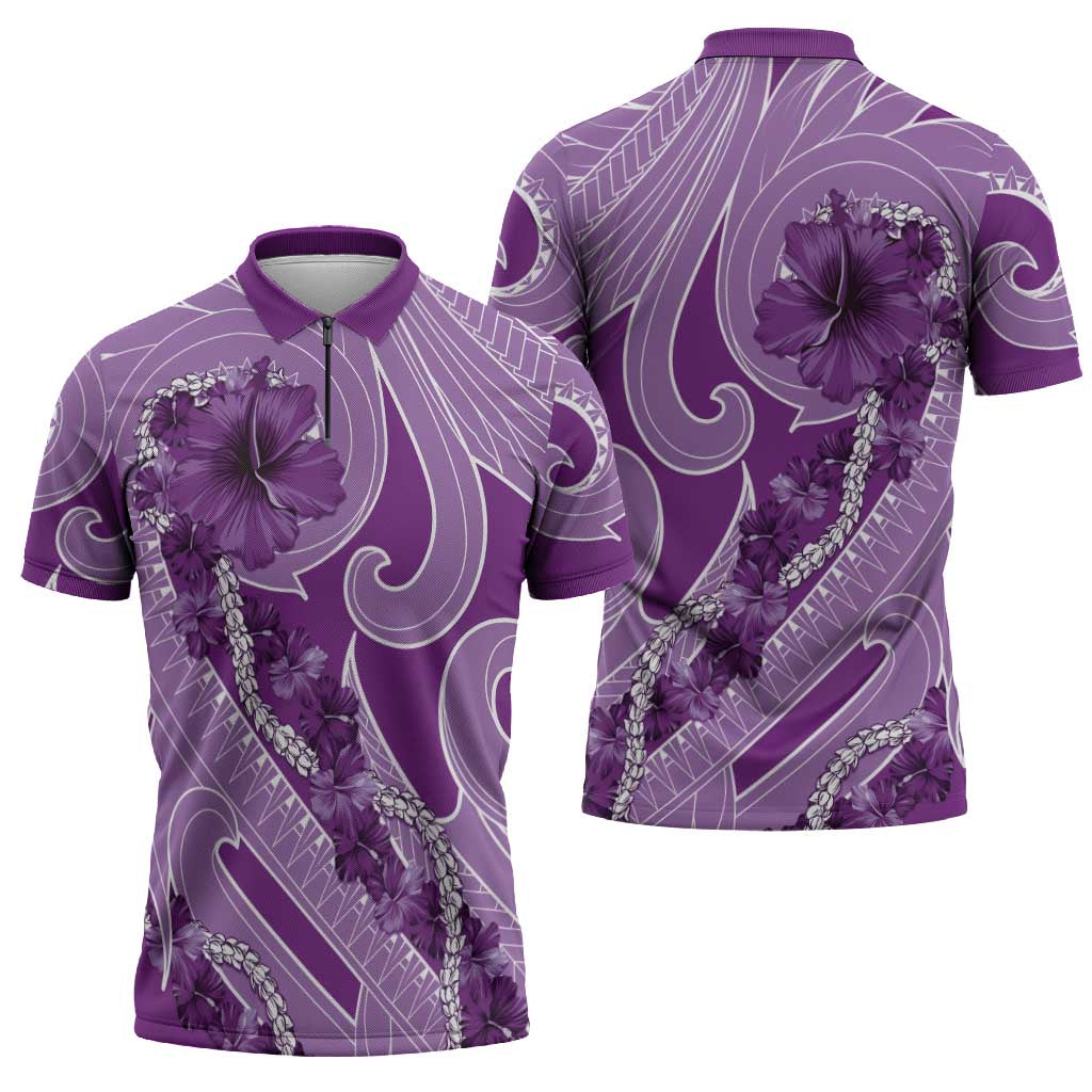 Hawaii Violet Hibiscus Pikake Lei Zipper Polo Shirt - Polynesian Pride