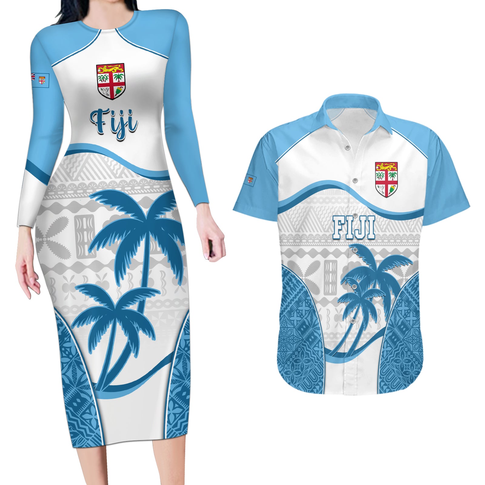 Fiji Rugby Couples Matching Long Sleeve Bodycon Dress and Hawaiian Shirt World Cup 2023 Fijian Tapa Pattern Blue Version LT05 Blue - Polynesian Pride