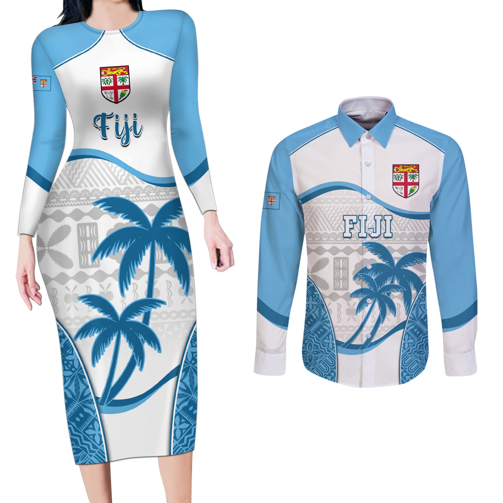 Fiji Rugby Couples Matching Long Sleeve Bodycon Dress and Long Sleeve Button Shirts World Cup 2023 Fijian Tapa Pattern Blue Version LT05 Blue - Polynesian Pride