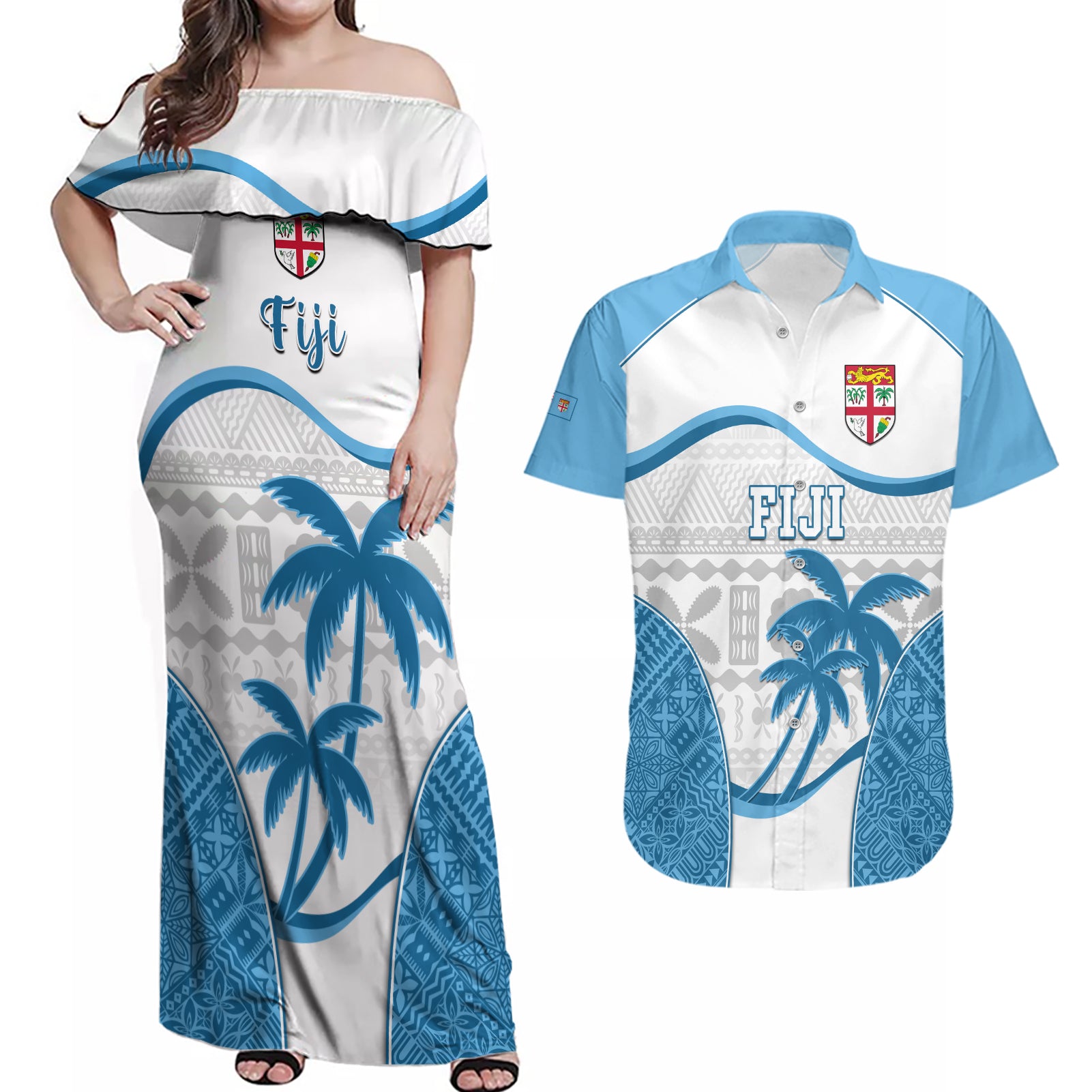 Fiji Rugby Couples Matching Off Shoulder Maxi Dress and Hawaiian Shirt World Cup 2023 Fijian Tapa Pattern Blue Version LT05 Blue - Polynesian Pride