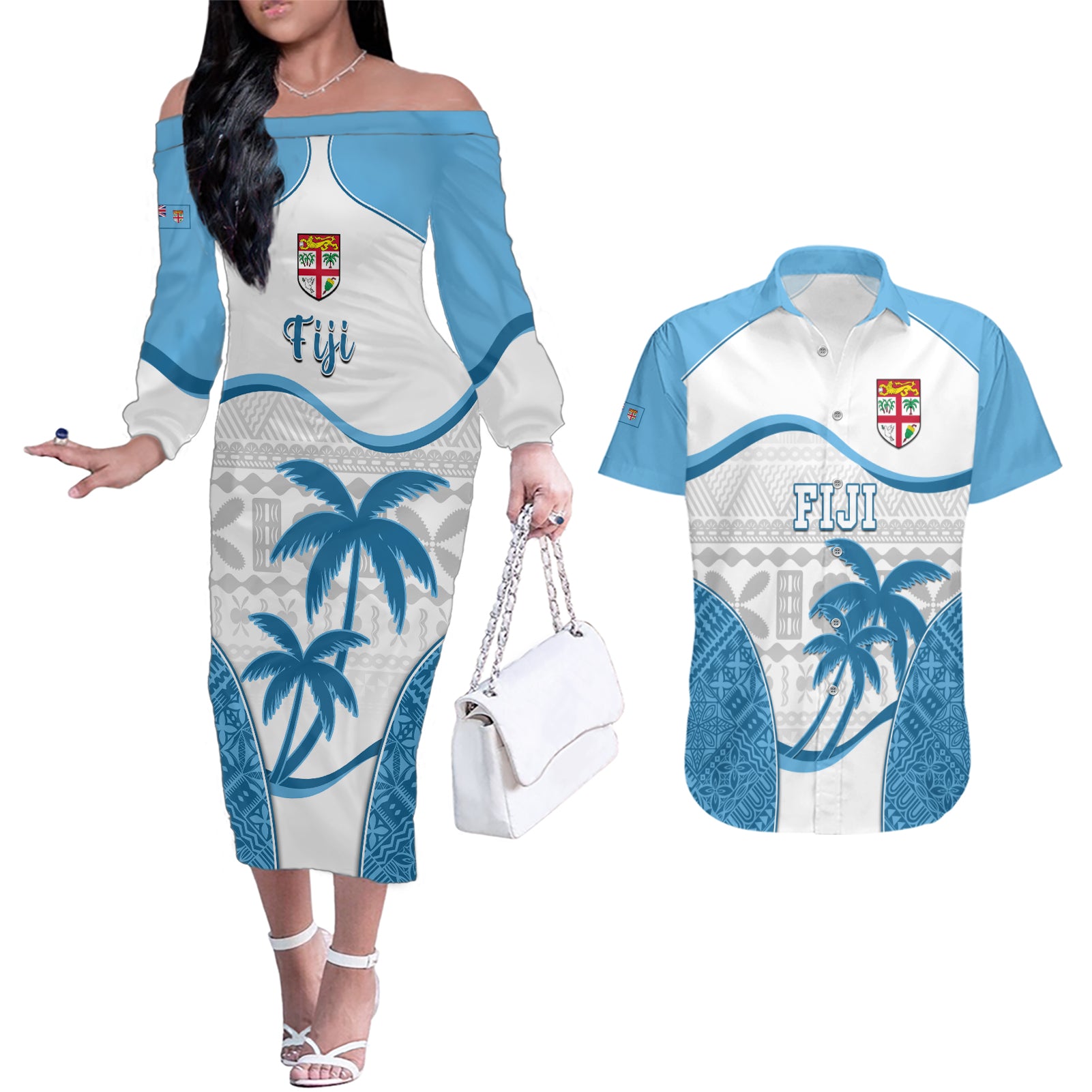 Fiji Rugby Couples Matching Off The Shoulder Long Sleeve Dress and Hawaiian Shirt World Cup 2023 Fijian Tapa Pattern Blue Version LT05 Blue - Polynesian Pride