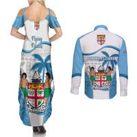 Fiji Rugby Couples Matching Summer Maxi Dress and Long Sleeve Button Shirts World Cup 2023 Fijian Tapa Pattern Blue Version LT05 - Polynesian Pride