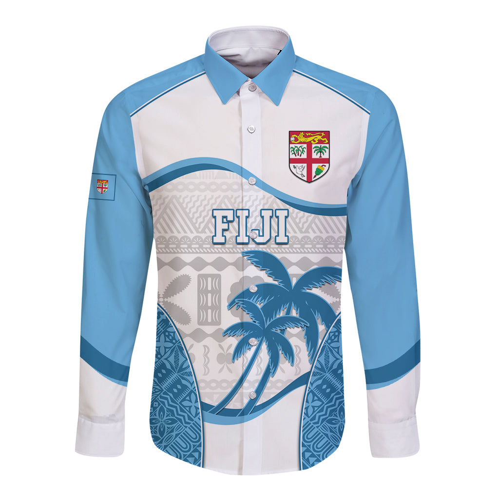 Fiji Rugby Long Sleeve Button Shirt World Cup 2023 Fijian Tapa Pattern Blue Version LT05 Unisex Blue - Polynesian Pride