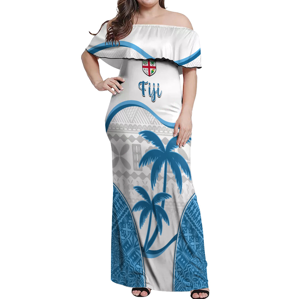 Fiji Rugby Off Shoulder Maxi Dress World Cup 2023 Fijian Tapa Pattern Blue Version LT05 Women Blue - Polynesian Pride