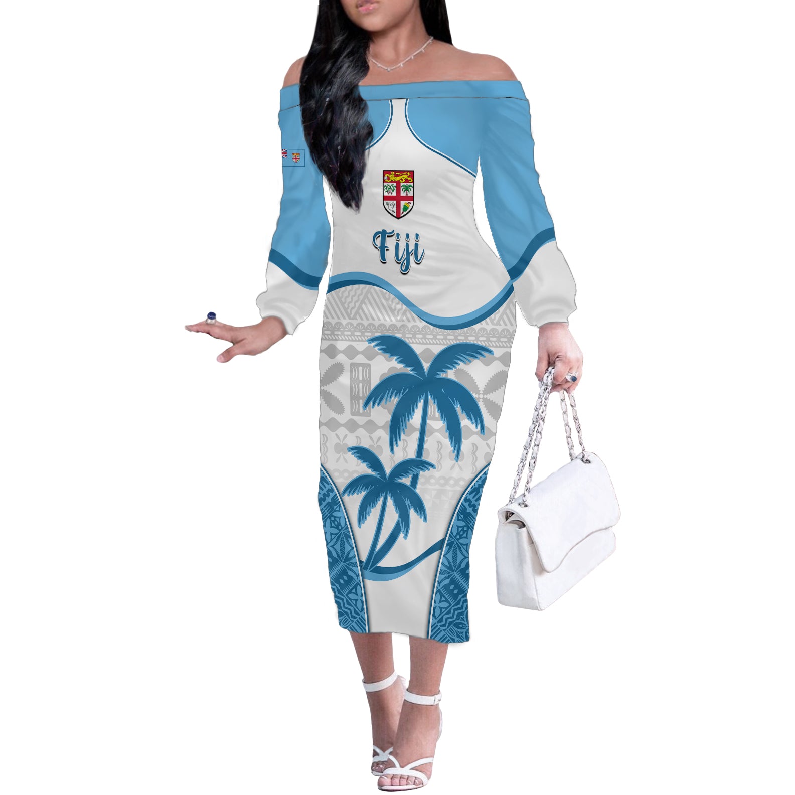 Fiji Rugby Off The Shoulder Long Sleeve Dress World Cup 2023 Fijian Tapa Pattern Blue Version LT05 Women Blue - Polynesian Pride