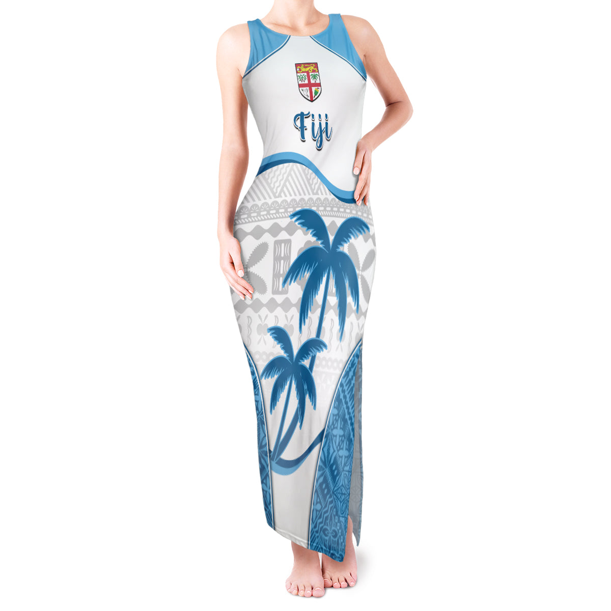 Fiji Rugby Tank Maxi Dress World Cup 2023 Fijian Tapa Pattern Blue Version LT05 Women Blue - Polynesian Pride