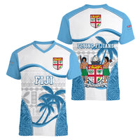 Fiji Rugby Women V Neck T Shirt World Cup 2023 Fijian Tapa Pattern Blue Version LT05 - Polynesian Pride