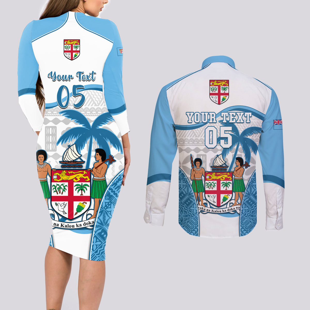 Custom Fiji Rugby Couples Matching Long Sleeve Bodycon Dress and Long Sleeve Button Shirts World Cup 2023 Fijian Tapa Pattern Blue Version LT05 - Polynesian Pride