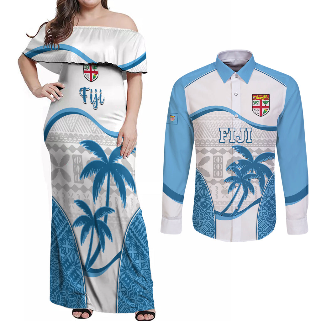 Custom Fiji Rugby Couples Matching Off Shoulder Maxi Dress and Long Sleeve Button Shirts World Cup 2023 Fijian Tapa Pattern Blue Version LT05 Blue - Polynesian Pride