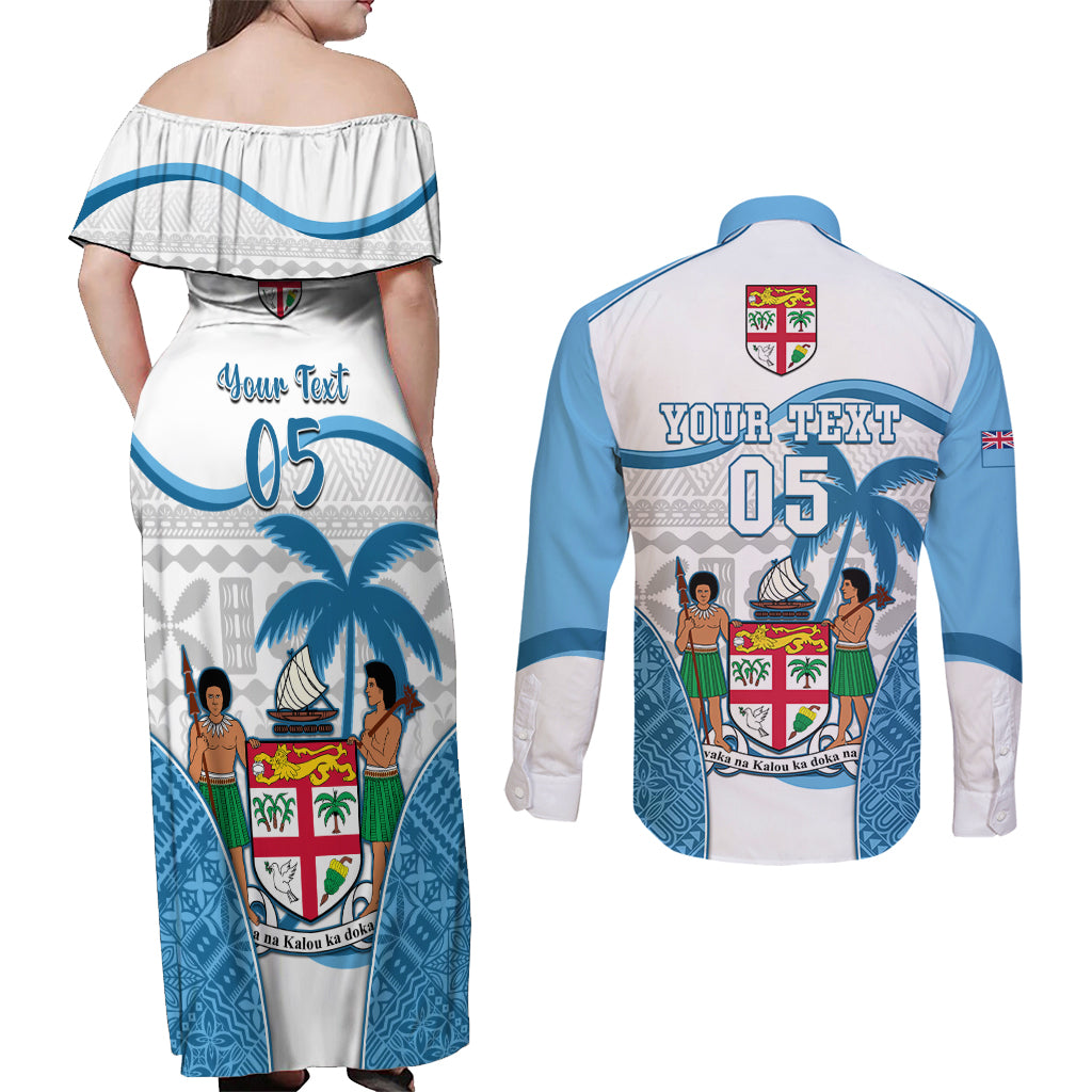 Custom Fiji Rugby Couples Matching Off Shoulder Maxi Dress and Long Sleeve Button Shirts World Cup 2023 Fijian Tapa Pattern Blue Version LT05 - Polynesian Pride