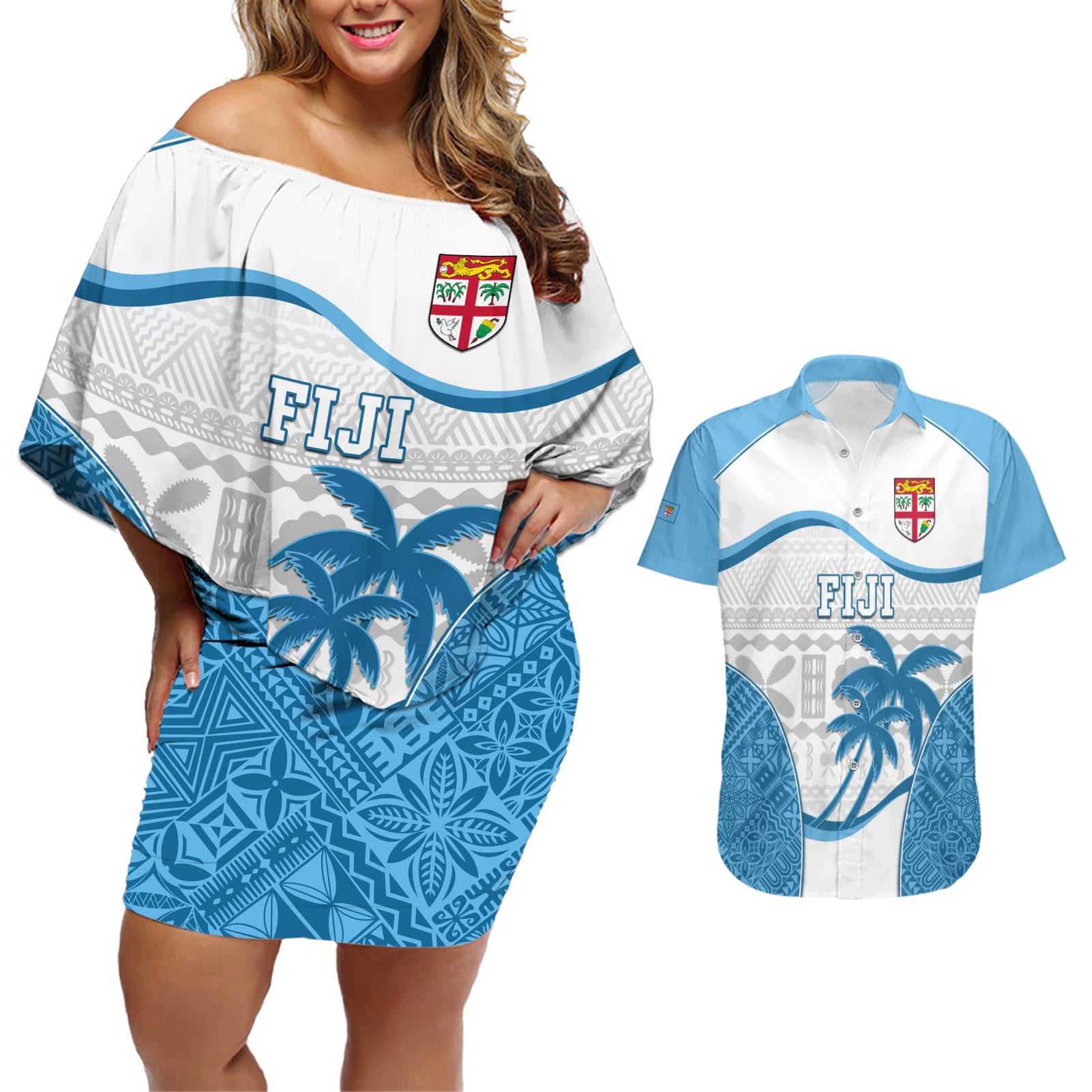 Custom Fiji Rugby Couples Matching Off Shoulder Short Dress and Hawaiian Shirt World Cup 2023 Fijian Tapa Pattern Blue Version LT05 Blue - Polynesian Pride