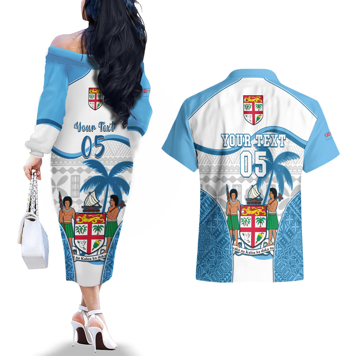 Custom Fiji Rugby Couples Matching Off The Shoulder Long Sleeve Dress and Hawaiian Shirt World Cup 2023 Fijian Tapa Pattern Blue Version LT05 - Polynesian Pride