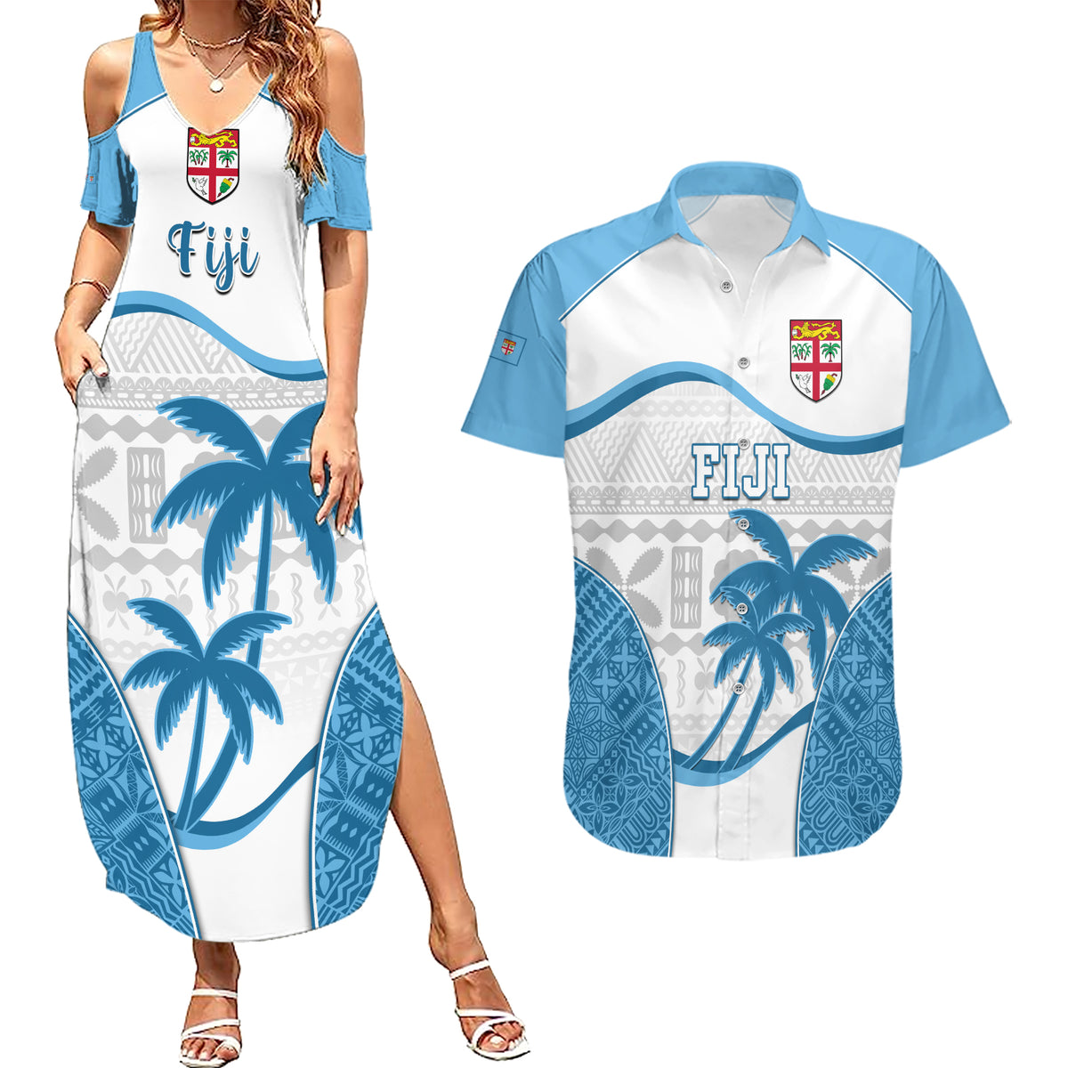 Custom Fiji Rugby Couples Matching Summer Maxi Dress and Hawaiian Shirt World Cup 2023 Fijian Tapa Pattern Blue Version LT05 Blue - Polynesian Pride