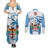 Custom Fiji Rugby Couples Matching Summer Maxi Dress and Long Sleeve Button Shirts World Cup 2023 Fijian Tapa Pattern Blue Version LT05 - Polynesian Pride
