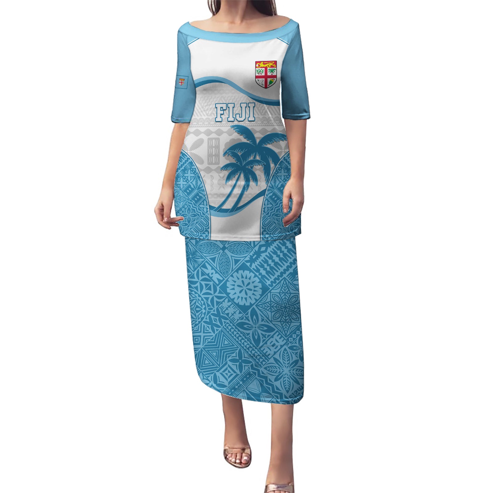 Custom Fiji Rugby Puletasi World Cup 2023 Fijian Tapa Pattern Blue Version LT05 Long Dress Blue - Polynesian Pride