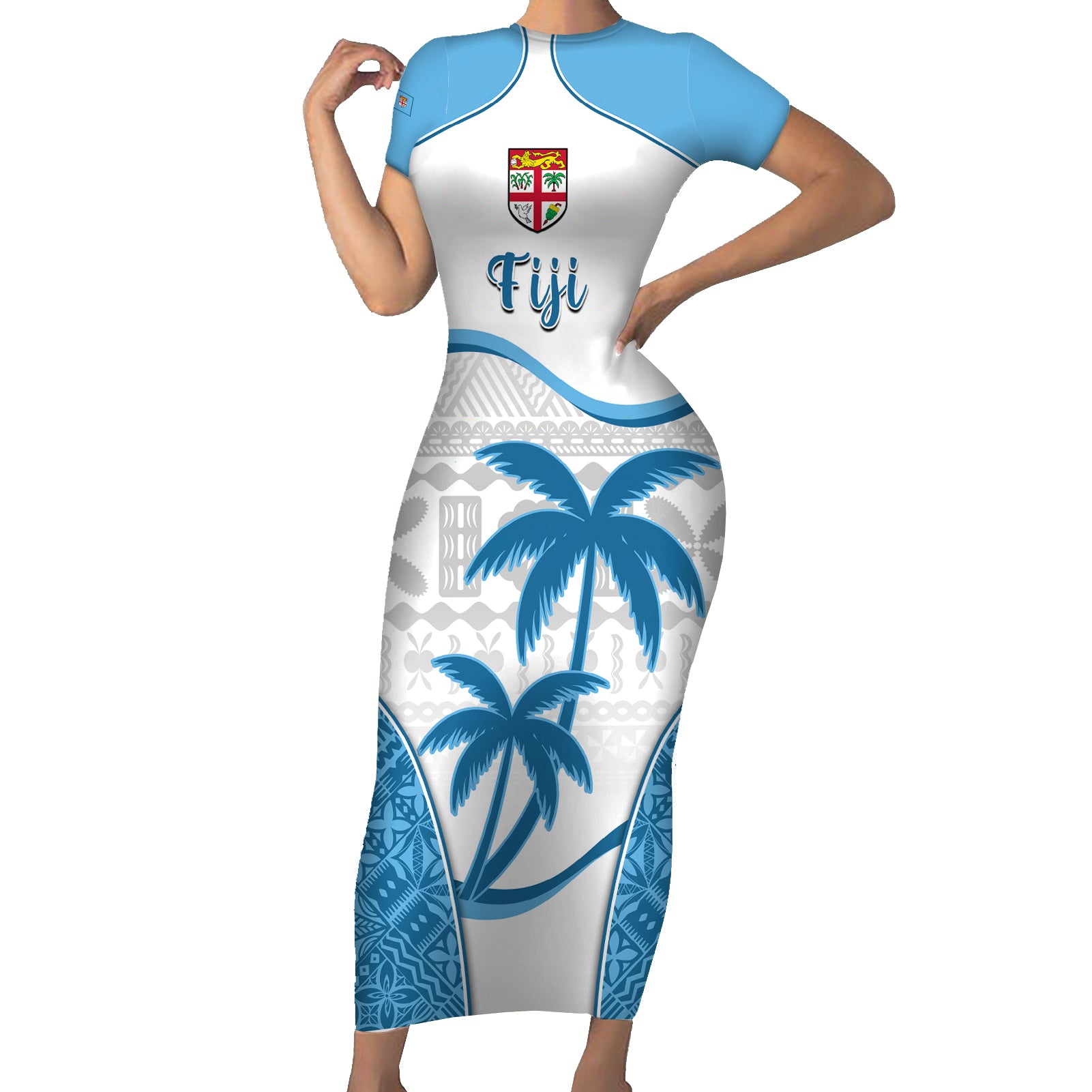 Custom Fiji Rugby Short Sleeve Bodycon Dress World Cup 2023 Fijian Tapa Pattern Blue Version LT05 Long Dress Blue - Polynesian Pride