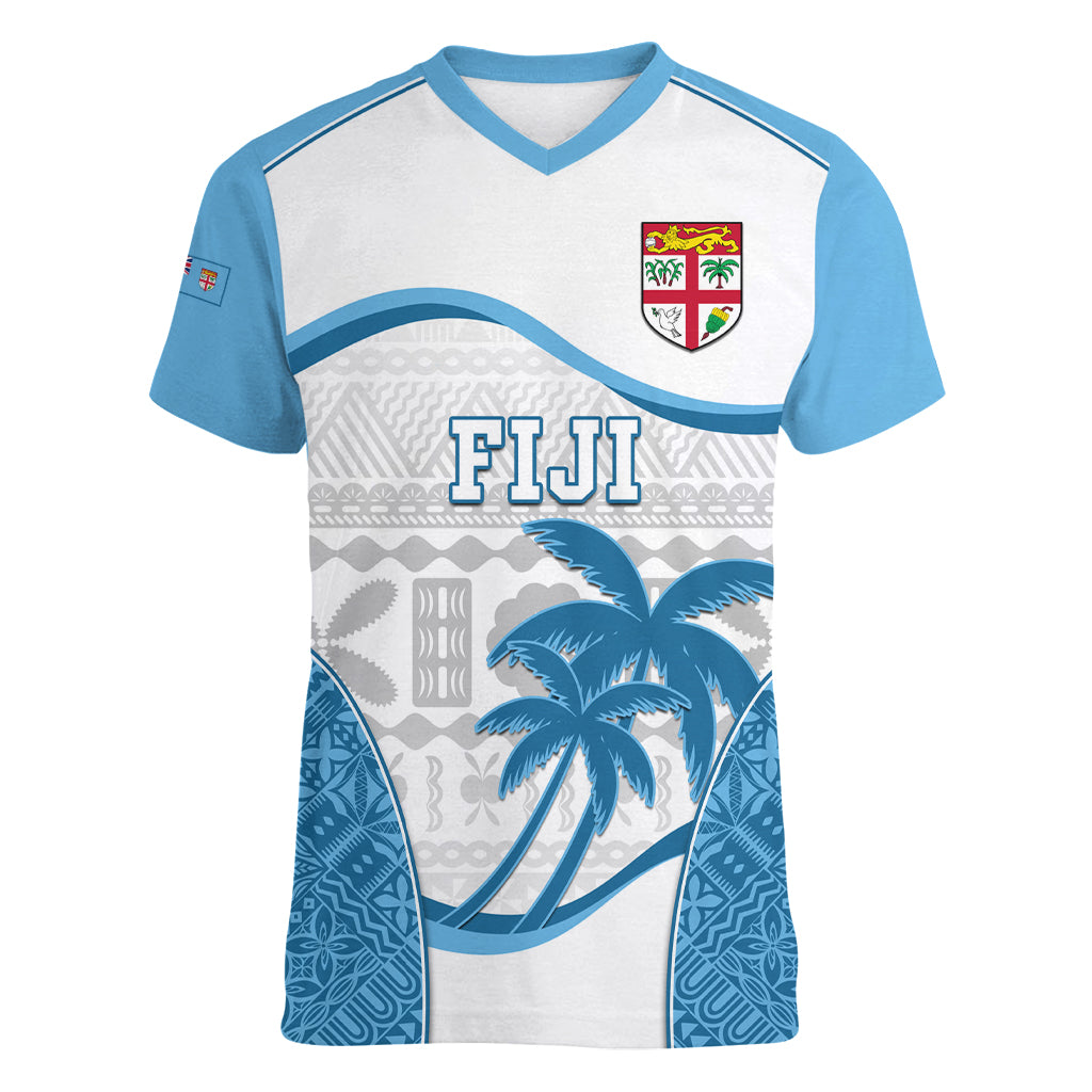 Custom Fiji Rugby Women V Neck T Shirt World Cup 2023 Fijian Tapa Pattern Blue Version LT05 Female Blue - Polynesian Pride