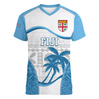 Custom Fiji Rugby Women V Neck T Shirt World Cup 2023 Fijian Tapa Pattern Blue Version LT05 Female Blue - Polynesian Pride