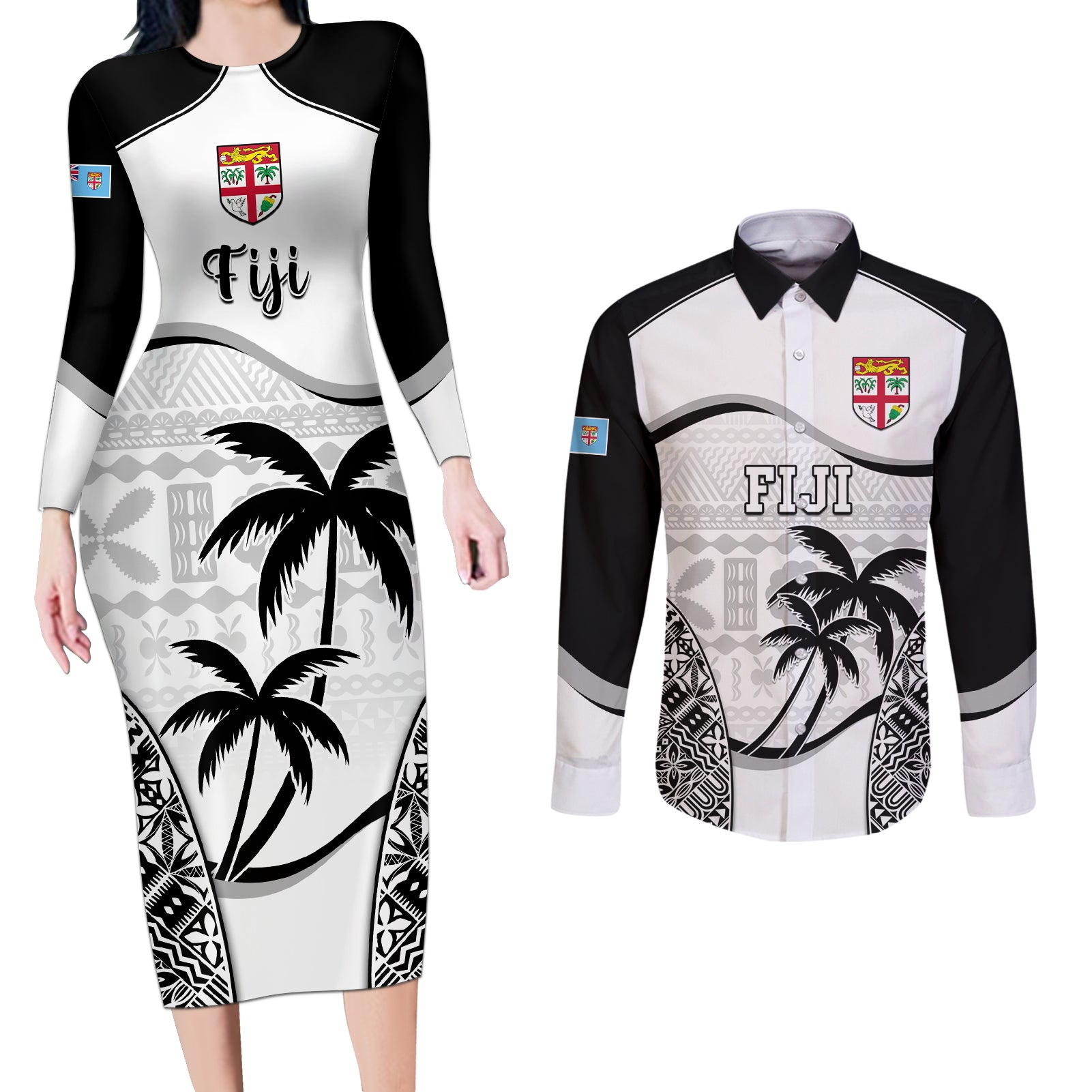 Fiji Rugby Couples Matching Long Sleeve Bodycon Dress and Long Sleeve Button Shirts World Cup 2023 Fijian Tapa Pattern Black Version LT05 Black - Polynesian Pride