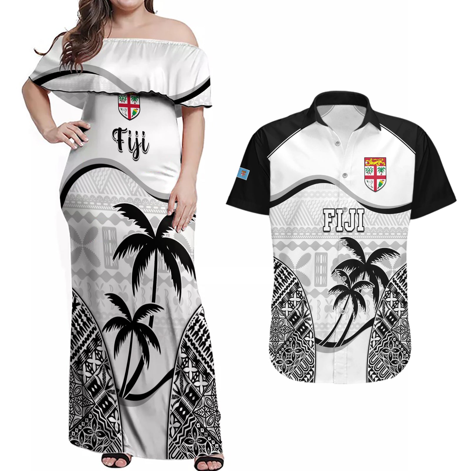 Fiji Rugby Couples Matching Off Shoulder Maxi Dress and Hawaiian Shirt World Cup 2023 Fijian Tapa Pattern Black Version LT05 Black - Polynesian Pride