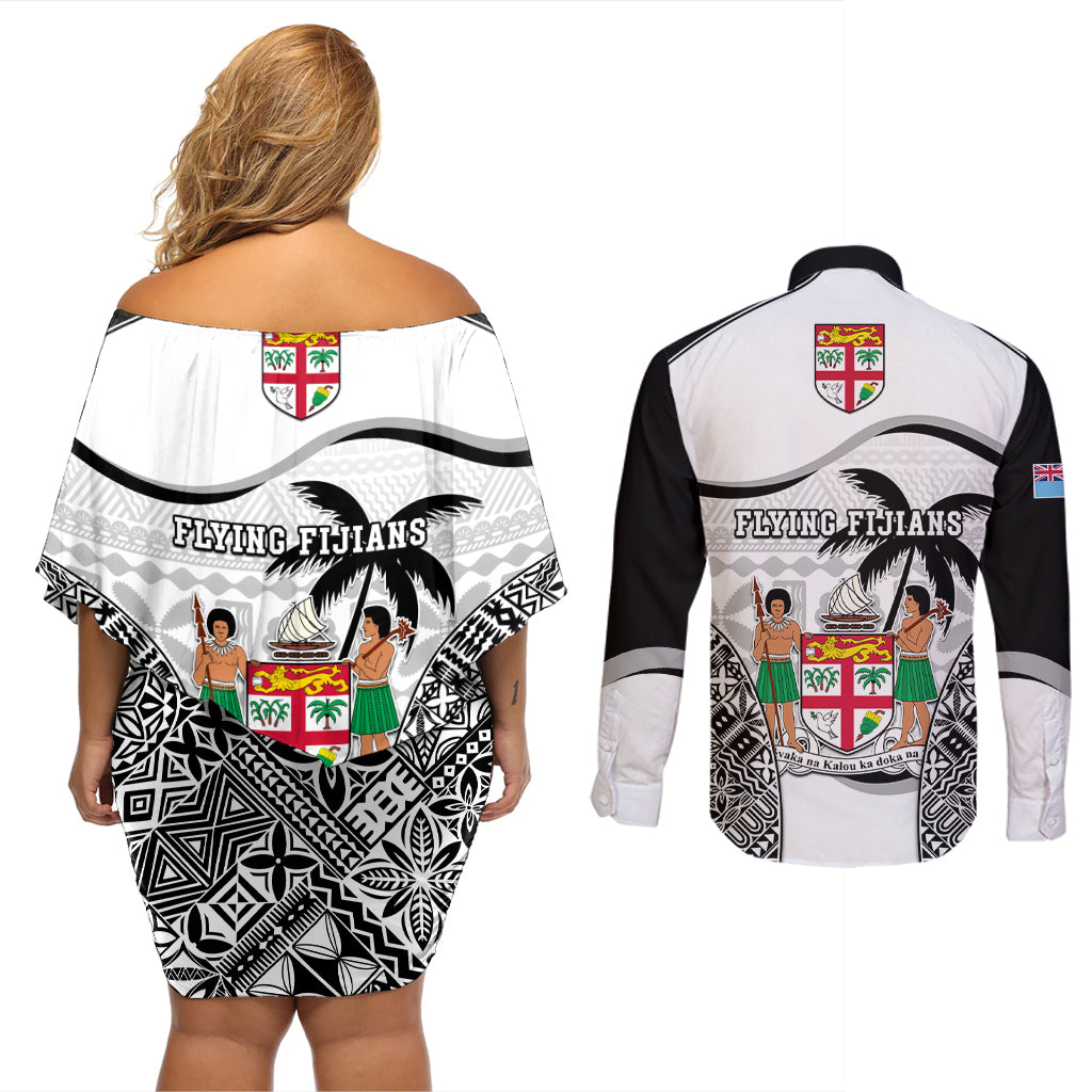 Fiji Rugby Couples Matching Off Shoulder Short Dress and Long Sleeve Button Shirts World Cup 2023 Fijian Tapa Pattern Black Version LT05 - Polynesian Pride