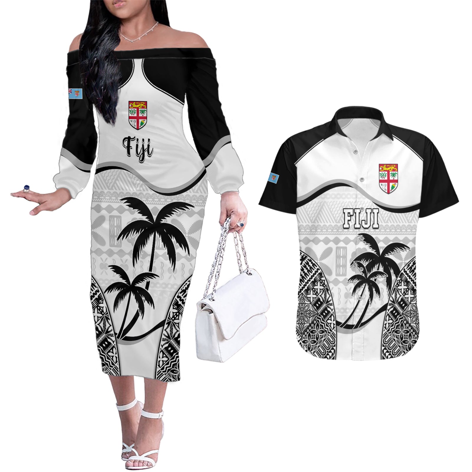 Fiji Rugby Couples Matching Off The Shoulder Long Sleeve Dress and Hawaiian Shirt World Cup 2023 Fijian Tapa Pattern Black Version LT05 Black - Polynesian Pride