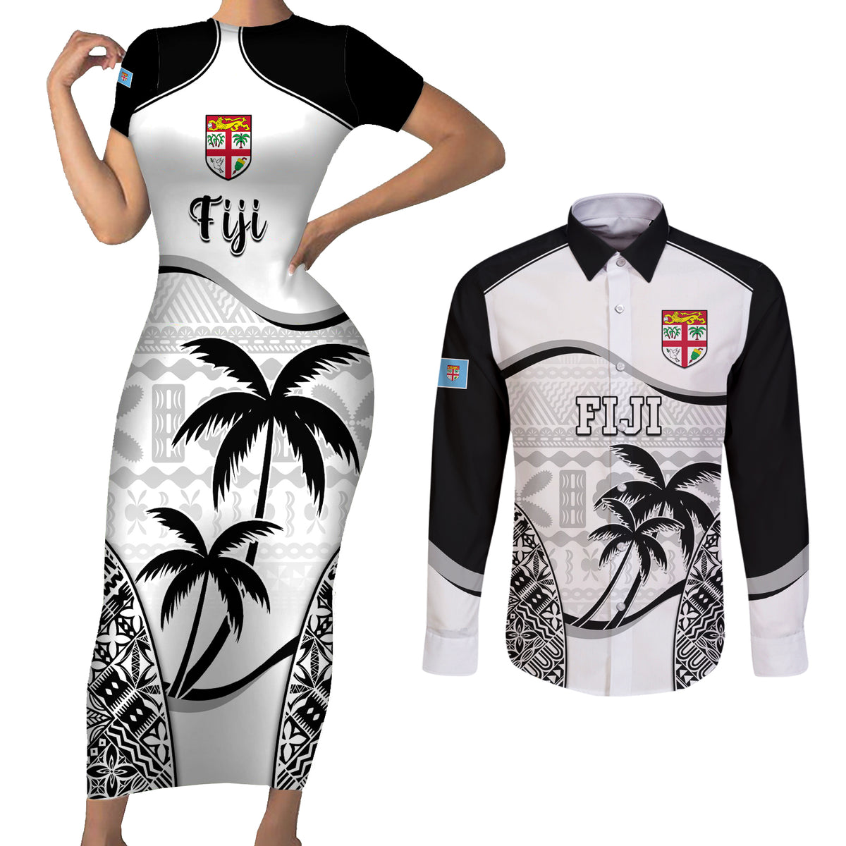 Fiji Rugby Couples Matching Short Sleeve Bodycon Dress and Long Sleeve Button Shirts World Cup 2023 Fijian Tapa Pattern Black Version LT05 Black - Polynesian Pride