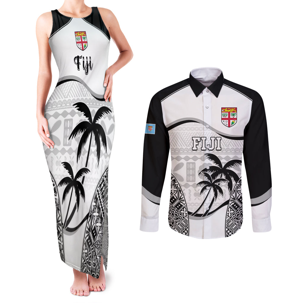 Fiji Rugby Couples Matching Tank Maxi Dress and Long Sleeve Button Shirts World Cup 2023 Fijian Tapa Pattern Black Version LT05 Black - Polynesian Pride