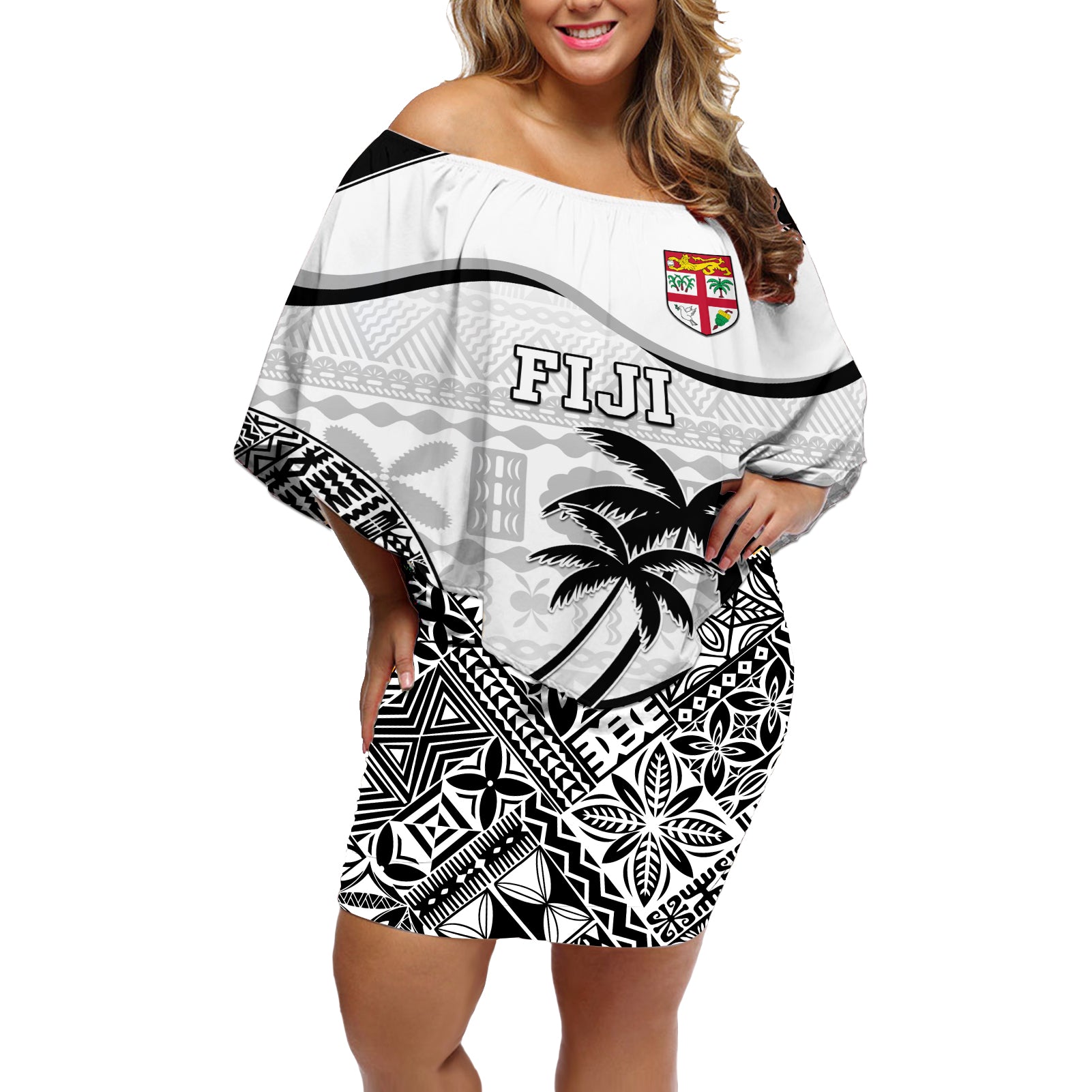 Fiji Rugby Off Shoulder Short Dress World Cup 2023 Fijian Tapa Pattern Black Version LT05 Women Black - Polynesian Pride