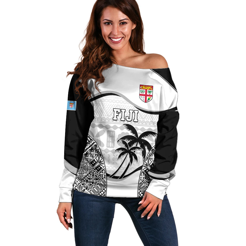 Fiji Rugby Off Shoulder Sweater World Cup 2023 Fijian Tapa Pattern Black Version LT05 Women Black - Polynesian Pride