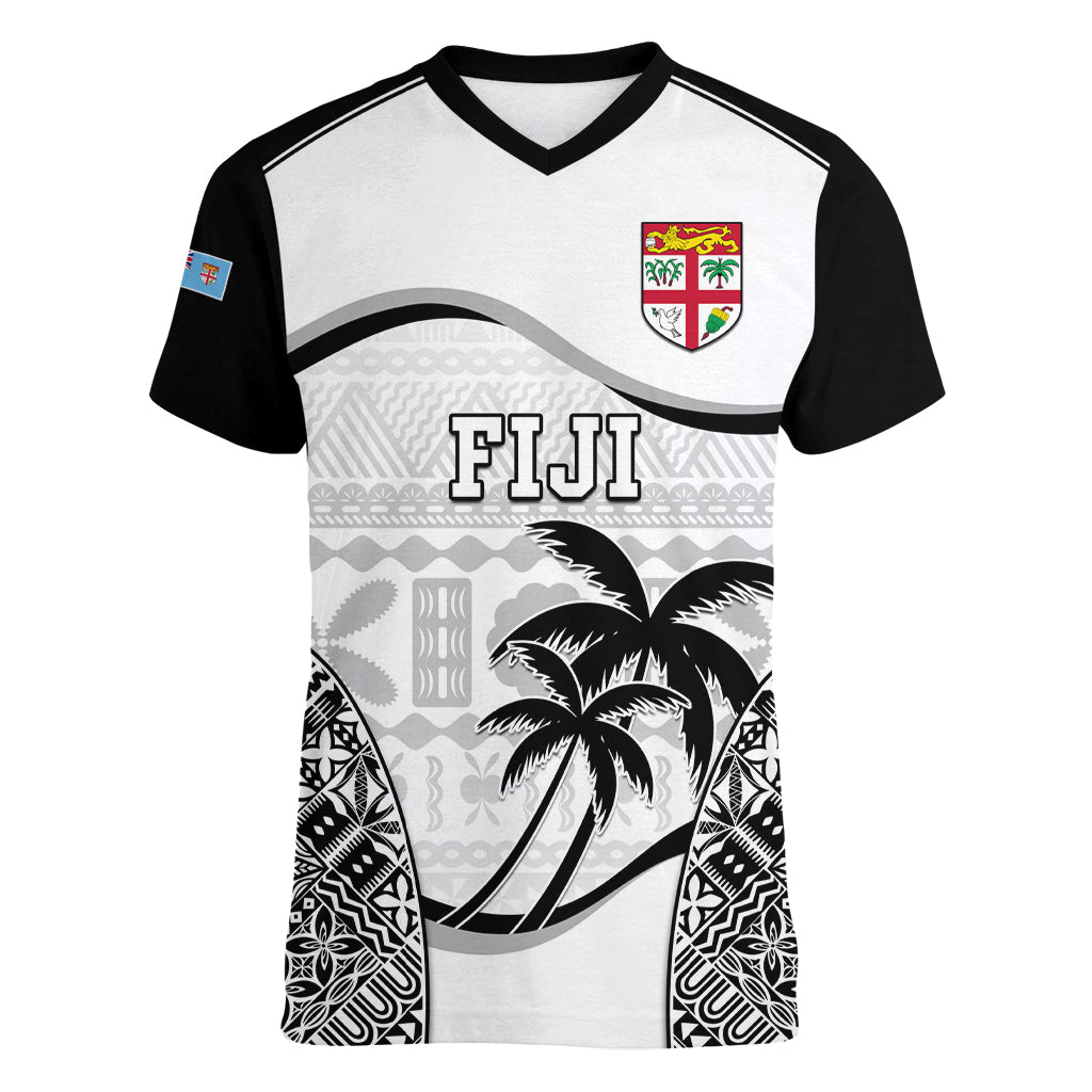 Fiji Rugby Women V Neck T Shirt World Cup 2023 Fijian Tapa Pattern Black Version LT05 Female Black - Polynesian Pride