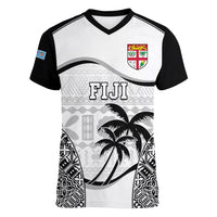 Fiji Rugby Women V Neck T Shirt World Cup 2023 Fijian Tapa Pattern Black Version LT05 Female Black - Polynesian Pride
