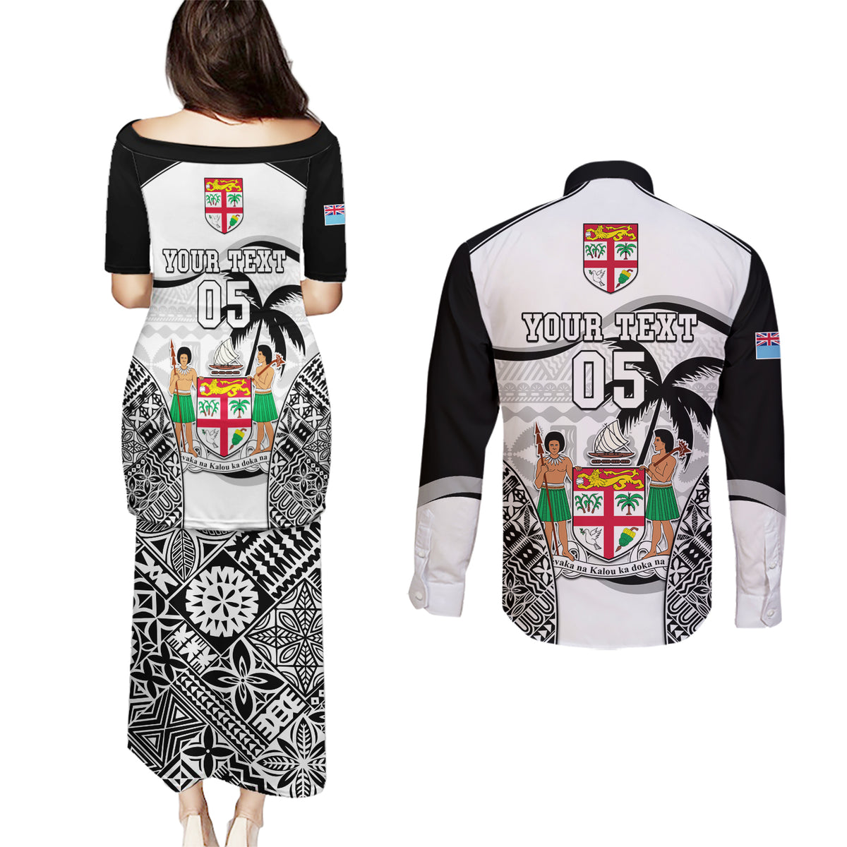Custom Fiji Rugby Couples Matching Puletasi Dress and Long Sleeve Button Shirts World Cup 2023 Fijian Tapa Pattern Black Version LT05 - Polynesian Pride