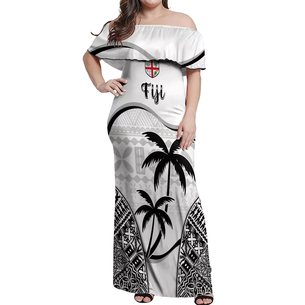 Custom Fiji Rugby Off Shoulder Maxi Dress World Cup 2023 Fijian Tapa Pattern Black Version LT05 Women Black - Polynesian Pride