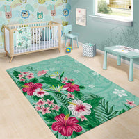 Hawaii Tropical Flowers Area Rug Polynesian Tattoo Mint Green