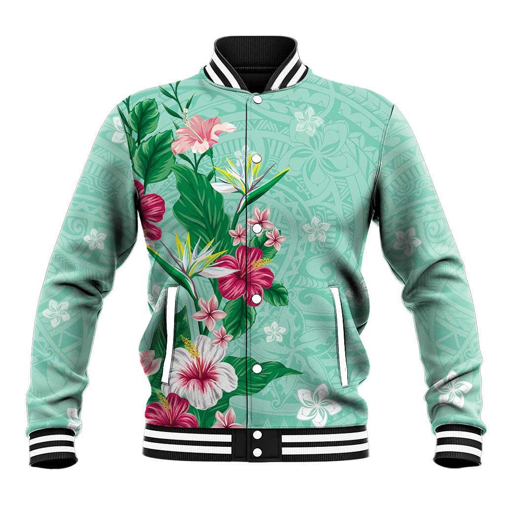 Hawaii Tropical Flowers Baseball Jacket Polynesian Tattoo Mint Green