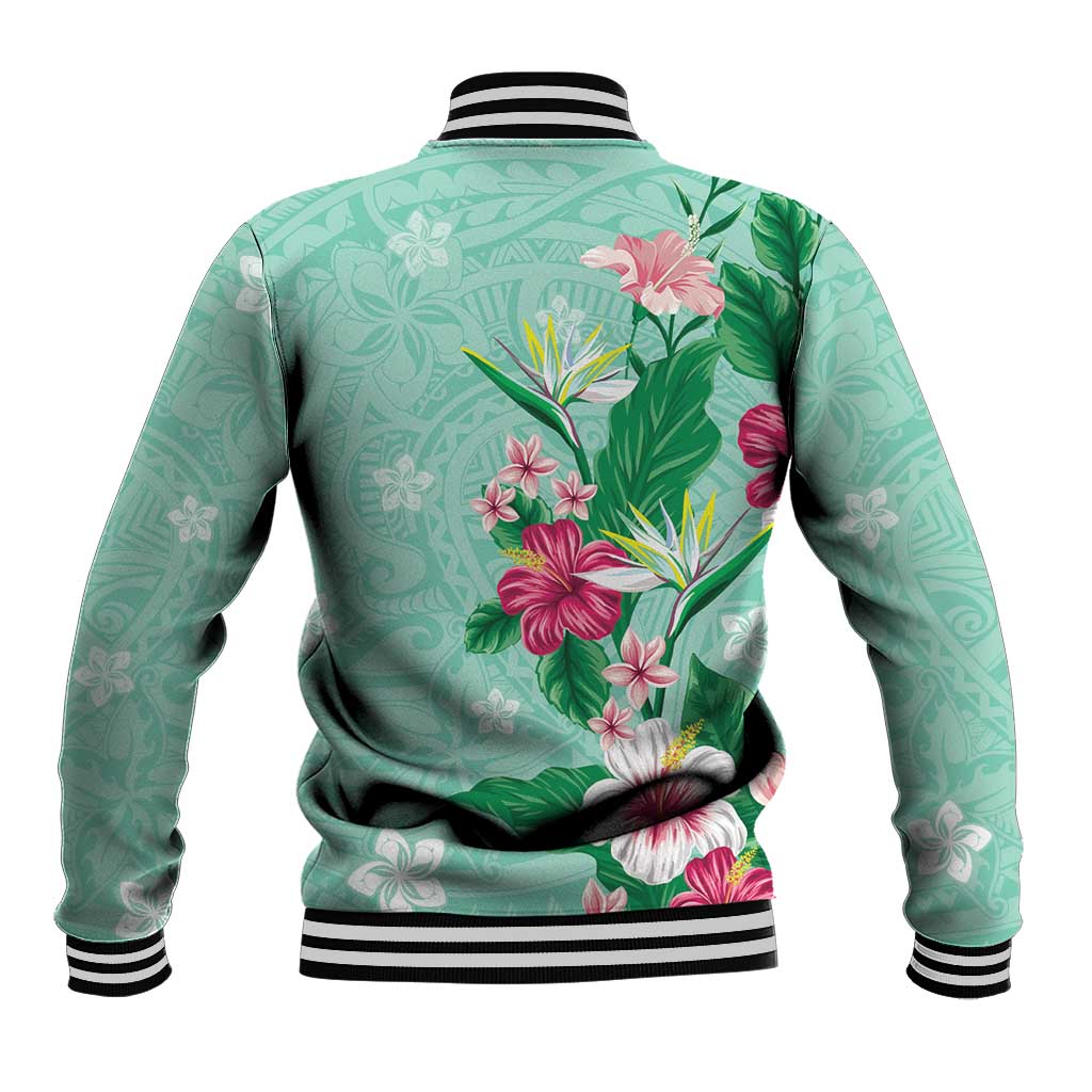 Hawaii Tropical Flowers Baseball Jacket Polynesian Tattoo Mint Green LT05 - Polynesian Pride