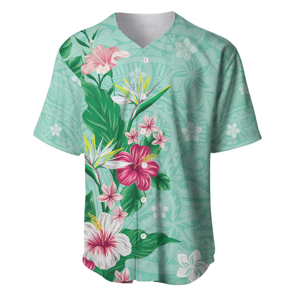 Hawaii Tropical Flowers Baseball Jersey Polynesian Tattoo Mint Green