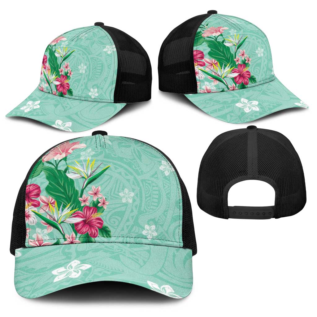 Hawaii Tropical Flowers Baseball Net Cap Polynesian Tattoo Mint Green LT05 - Polynesian Pride