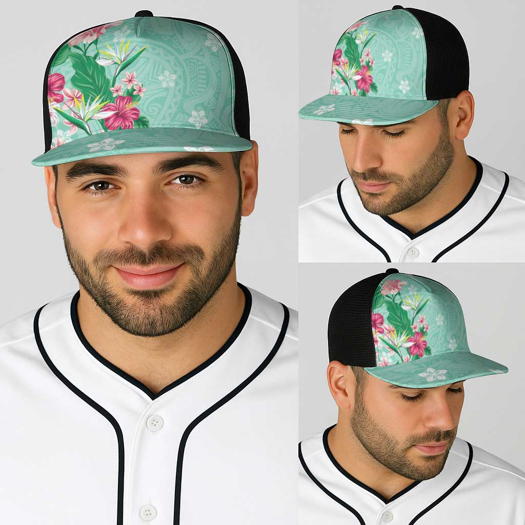 Hawaii Tropical Flowers Baseball Net Cap Polynesian Tattoo Mint Green LT05 - Polynesian Pride